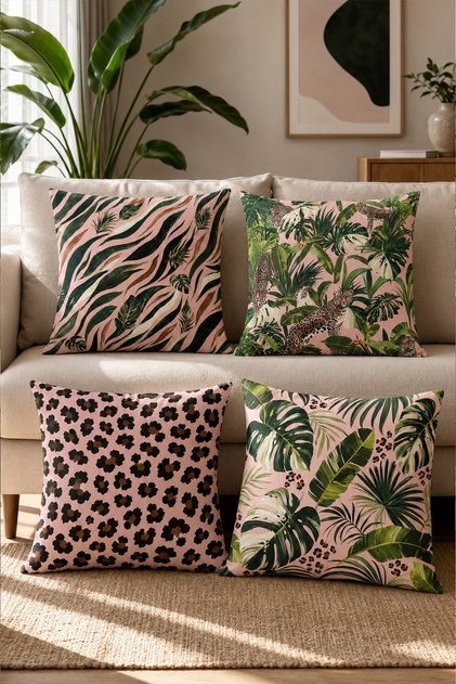 Botanical Leopard Patterned 4-Piece Throw Pillow Cover Set