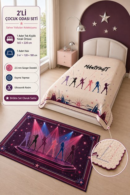 Premium Uyum 2-Piece Set – 165X220 cm Sponge Supported Ultrasonic Cut Single Bedspread + 120X180 cm Non-Slip Base Carpet