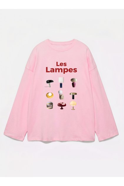 100% Cotton Oversize Fit Les Lampes Printed - Crew Neck Long Sleeve T-Shirt