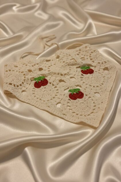Cherry Motif Tied Bandana, Knitted Summer Hair Bandana for Beach Daily Use