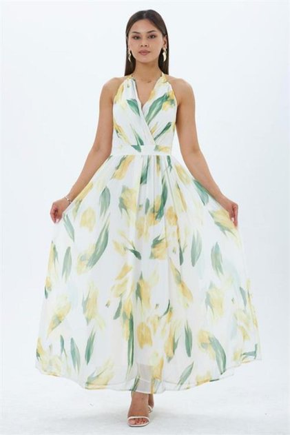Women's Yellow Leaf Pattern Halter Neck Maxi Length Dress Nbmy4122