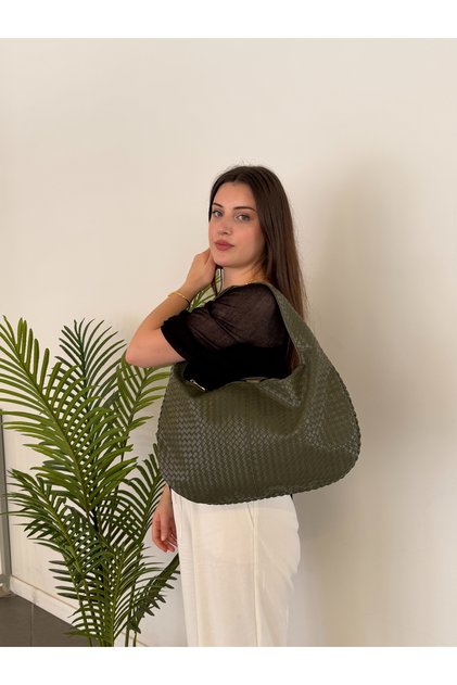 Women's Khaki Premium Knitted Patterned Oversized Shoulder Bag with Large Internal Volume, Daily Hand and Shoulder Bag