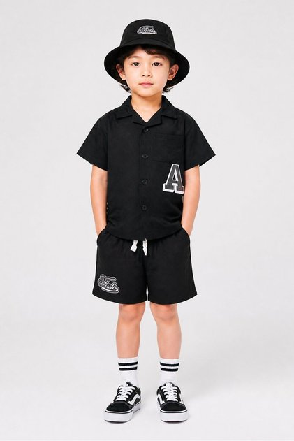 Kids Boy 3 Pieces Graphic Print Shirt And Shorts With Hat Set, Black
