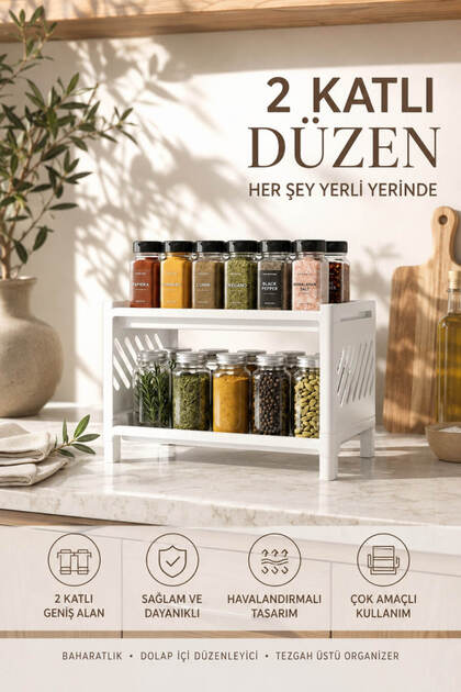 2 Katlı Çok Amaçlı Düzenleyici Raf Baharatlık Mutfak Banyo Tezgah Üstü Organizer