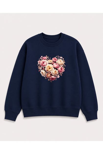 Heart and Roses Print Detailed Crew Neck 2 Thread Sweatshirt