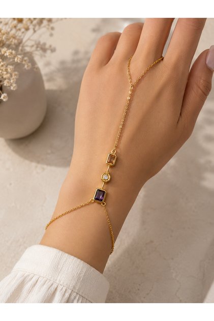 Gold Color Geometric Stone Detailed Shahmeran Bracelet Women's Hand Chain Adjustable Stainless Steel