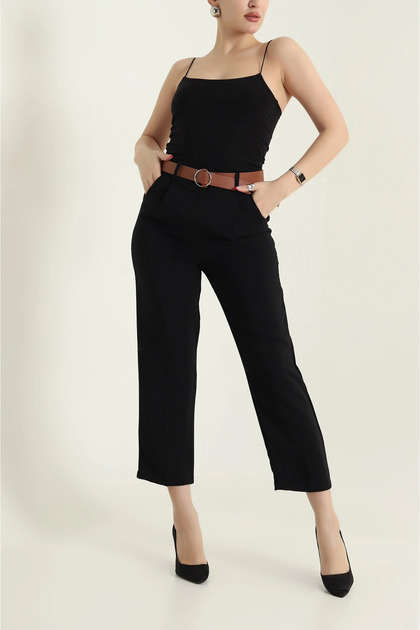 Women's High Waist Belted Imported Crepe Trousers