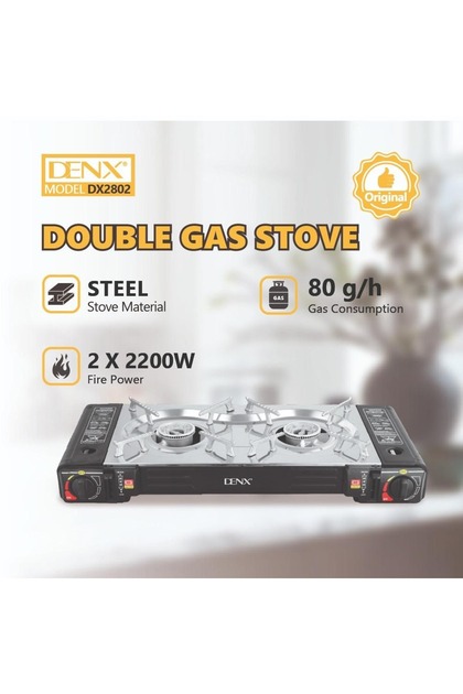 موقد غاز مزدوج DX2802، هيكل فولاذي، 2 شعلة بقوة 2200 واط، استهلاك غاز 80 جرام/ساعة - أسود/فضي