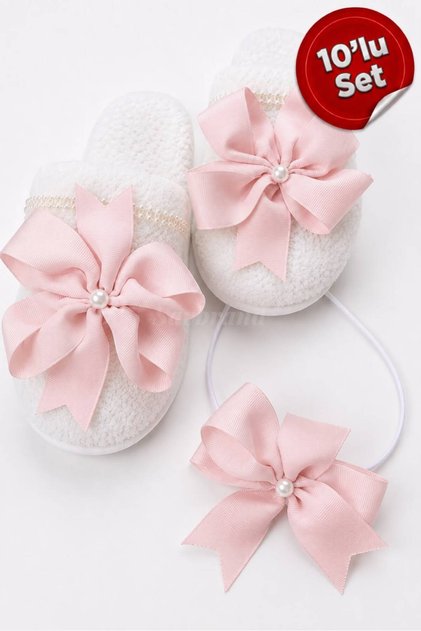 Bowknot and Pearl Maternity Slippers and Crown Set, 10-Piece – for Hospital Discharge, Baby Shower, and Birth Photo Shoots