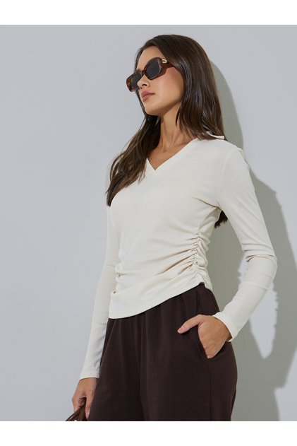 Beige Long Sleeves Collared V-Neck Knit Top
