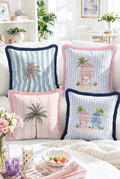 Striped 4-Piece Fringed-Tasseled Throw Pillow Cover Set with Palm Tree and Lifebuoy Figures