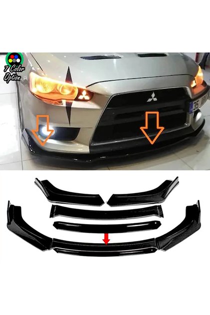 Mitsubishi Lancer Uyumlu Evo Siyah Renkli Şeritli Dilli Ön Lip 4 Prç Parlak Siyah ABS