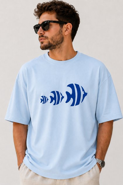 Blue Tropical Fish Printed Crew Neck Casual Unisex Oversize Sea Themed Cotton T-Shirt