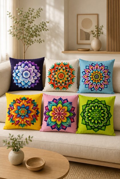 Set of 6 Colorful Mandala Patterned Decorative Pillowcases – Bohemian Floral Motif, (Double-Sided)