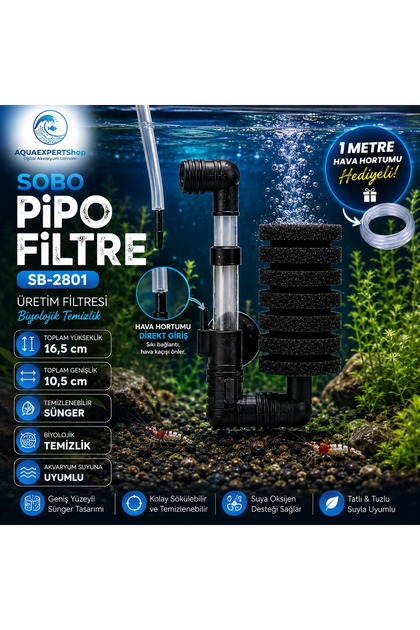 obo Pipo Filtre - Üretim Filtresi - Biyolojik Temizlik - 1 Metre Hava Hortumu Hediye - 16,5 x 10,5 cm. - Temizlenebilir Sünger - SB-2801