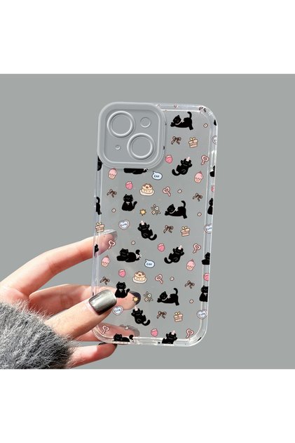 iPhone 14 Compatible Camera Protected Anti-Shock Aesthetic Print Patterned Transparent Silicone Case
