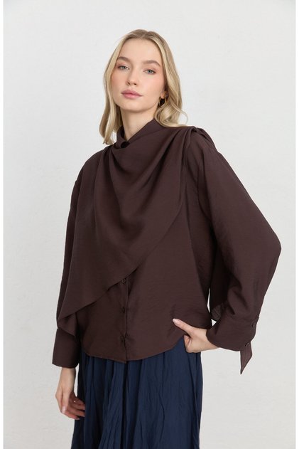 Şal Detaylı Acı Kahve Rayon Gömlek