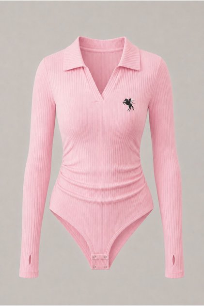 Steed Polo Collar Embroidered Drawstring Detailed Bodysuit with Finger Loop Detail