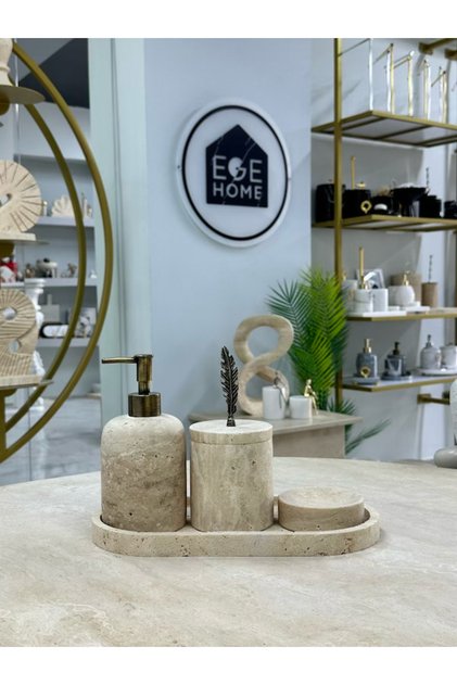 Decorative Travertine Natural 4-Piece Bathroom Set with Antique Finish and Detailing