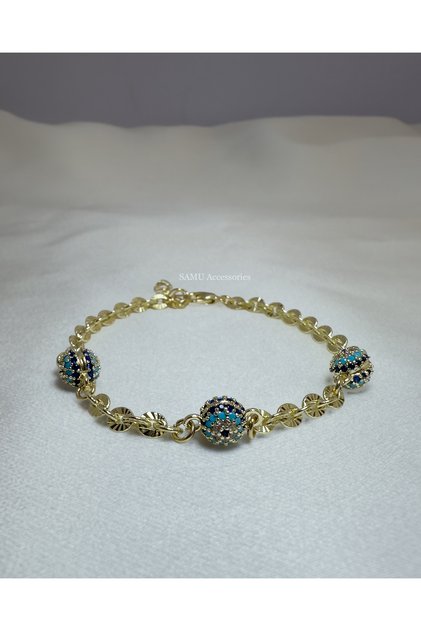 Triple Gold Evil Eye Beaded Zirconia Bracelet - Triple Gold Evil Eye Beaded Zirconia Bracelet