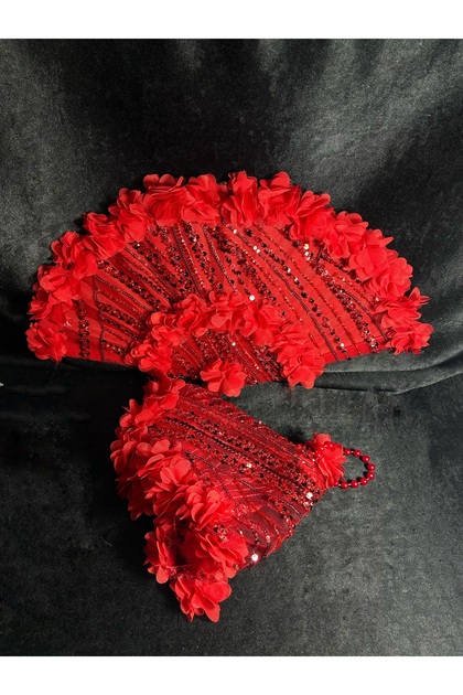 Red Henna Set, Red Bridal Fan, Henna Fan and Handkerchief