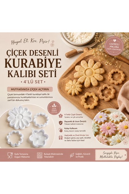 Set of 4 Flower Patterned Cookie Molds – Different Flower Shapes, Dough Cutter and Shaper