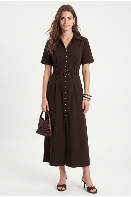 Women's New Alisa Belted Gold Buttoned Long Woven Brown Shirt Dress