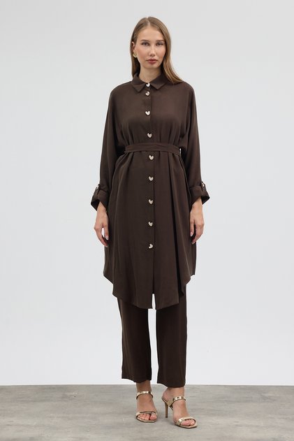 Heart Buttoned Trouser Suit - Brown