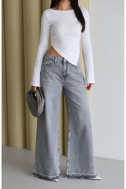 Women's Gray High Waist Extra Wide Leg Washed Tassel Denim Jean Trousers