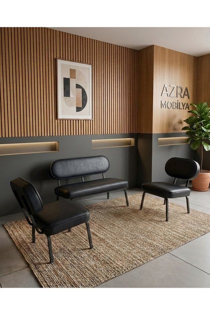 Luna 2+1+1 Deri Kumaş Ofis & Büro İş Yeri Bekleme Koltuğu Takımı – Siyah Metal İskelet - Siyah