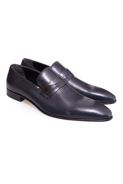 Dark Blue Color Laceless Genuine Leather Men's Shoes