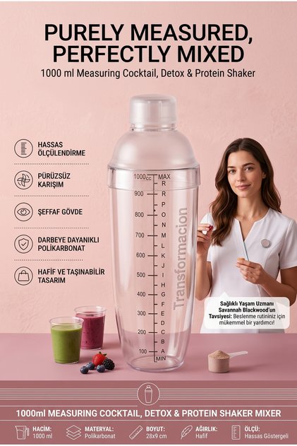 Transparent Detox Shaker with Scale 1000 ml Vitamin Protein Powder Shaker Mixer Smart Athlete Cocktail Water Flask 723487