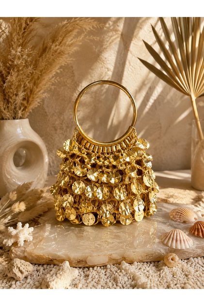 Handmade Design Mango Sequin Gold Color Evening Bag Women's Handbag - Metallic Sequined Mini Handbag with Gold Ring Handle