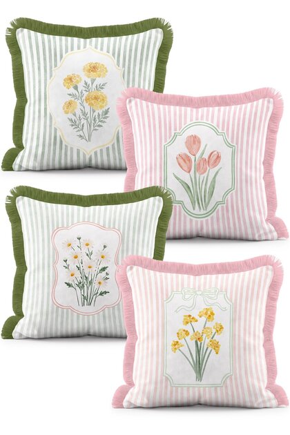 Striped Framed Tulip, Daisy and Floral Patterned 4-Piece Fringed Throw Pillow Cover Set