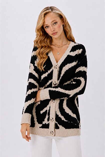 Women's Knitwear Cardigan Black Beige Patterned V-Neck Buttoned Oversized Stylish Casual Cardigan