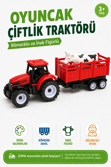 Römorklu Oyuncak Çiftlik Traktörü İnek Figürlü Çiftlik Aracı 3 Yaş ve Üzeri