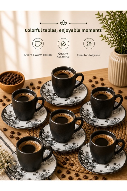 6-Piece Black Keramika Turkish Coffee Cup Set – Modern Premium Coffee Set with Patterned Saucers