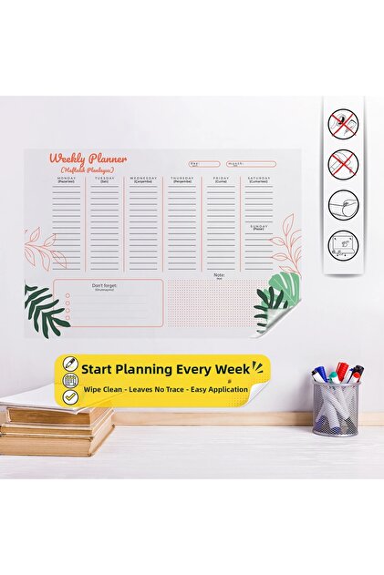 Transparent Turkish-English Weekly Write-Off Wall Planner with Static Cling Feature 70 X 98 cm (Model-3)