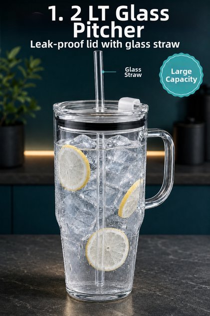 1200 ml Glass Flask with Straw, Leak-Proof Lid, Large Size Glass Mug with Handle