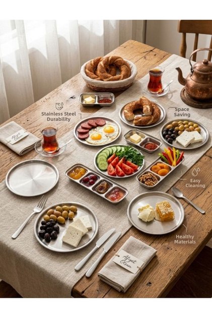 9-Piece Stainless Steel Breakfast Set for 6 People - 6 Pieces of 23 cm Round Serving Plates and 2-3-4 Compartment Snack and Sauce Bowls