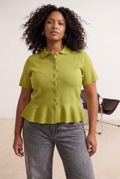 Oil Green Peplum/Waist Fitted Button Detailed Seasonal Knitwear Blouse Tbbss26Af00186