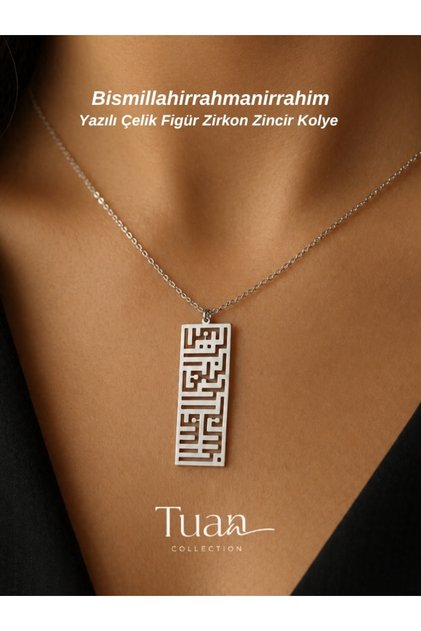 Bismillahirrahmanirrahim Written Kufi Steel Symbol Zircon Plated Chain Silver Color Against Evil Eye