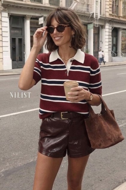 Polo Collar Striped Soft Textured Knitwear - Claret Red