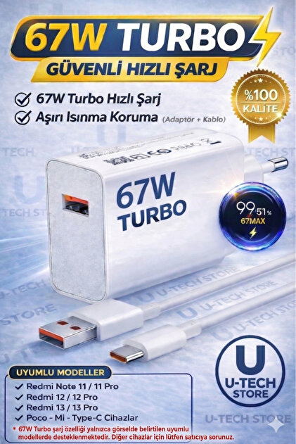 utechno 67W (WATT) Turbo Hızlı Şarj Adaptör+Kablo(Set) Xiaomi