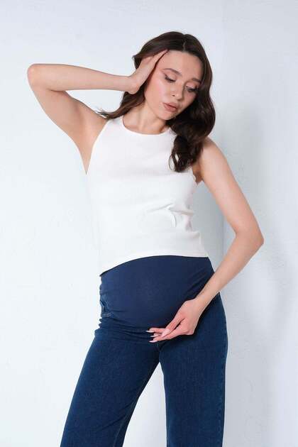 Maternity Jeans with Stretchy Band and Back Belt, Wide Leg, Dark Blue