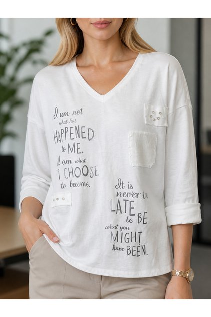Women's Printed V-Neck Loose T-Shirt Casual Blouse with Stone Detail