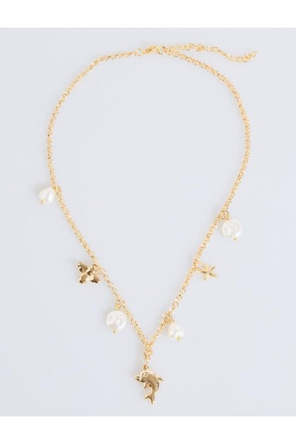 Gold Color Fish Figured Adjustable Necklace with Pearls