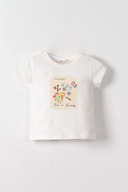 Nk baby girl short sleeve crew neck basic t-shirt with print detail, 1-3 years, ecru - blue