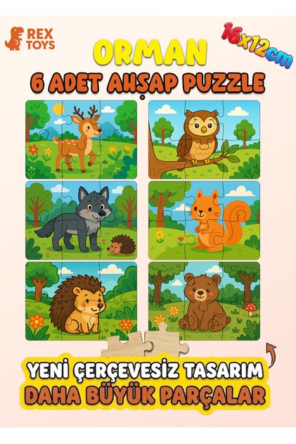 Orman Hayvanları Temalı Eğitici Ahşap Puzzle | Ayı, Sincap, Baykuş, Kurt, Geyik, Kirpi | 2-4 Yaş
