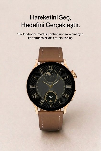 AMOLED Akıllı Saat Sesli Görüşme iOS Android Uyumlu Unisex 38 mm Altın Kasa Kahverengi Deri Kordon